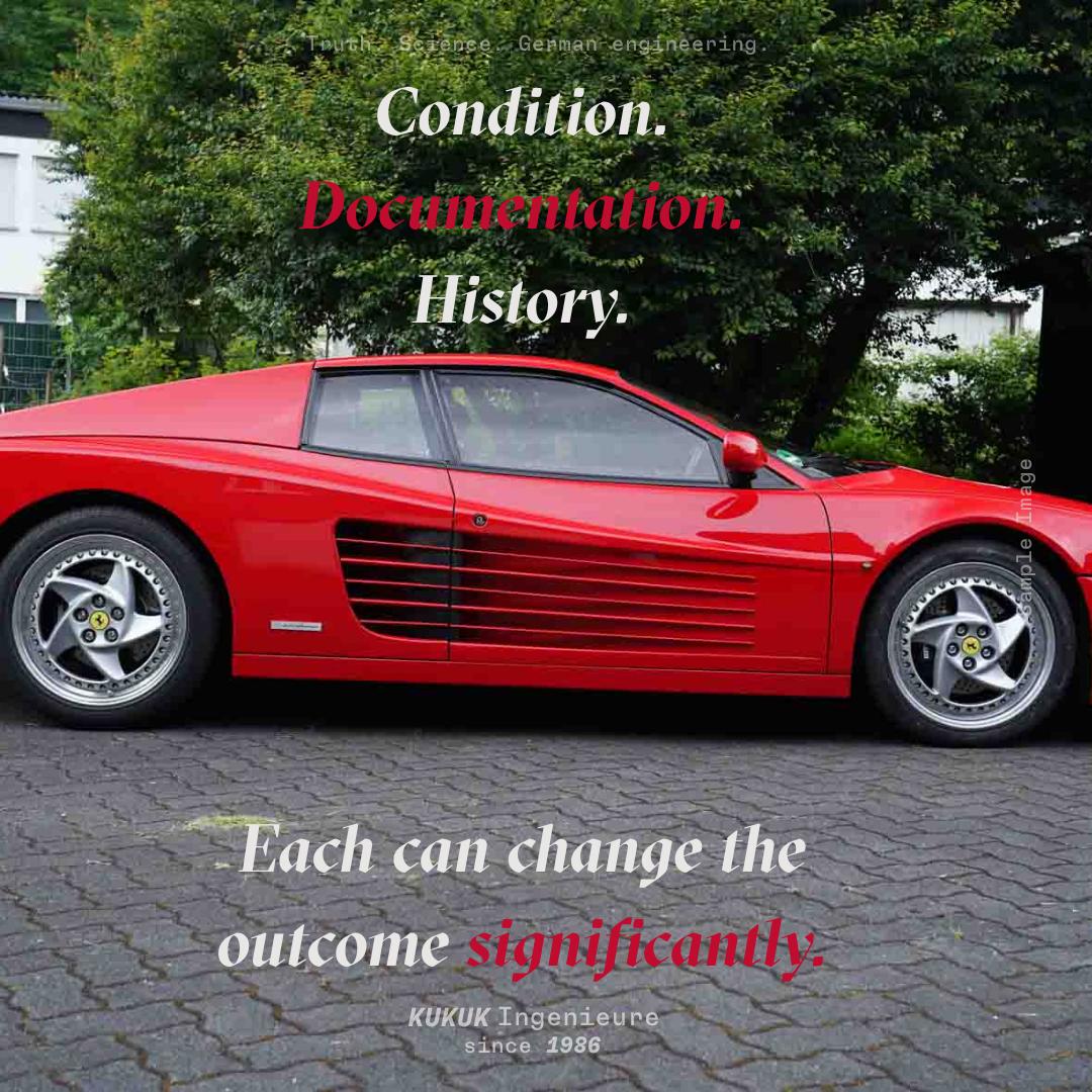 Seitenansicht eines roten Ferrari als Beispiel für Karosserie, Zustand und Historie