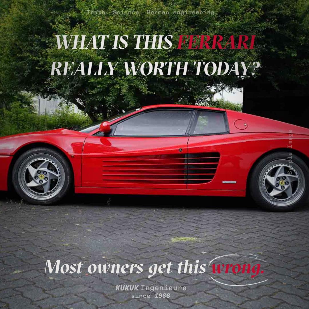 Ferrari Seitenansicht mit Frage nach dem aktuellen Wert eines Sammlerfahrzeugs