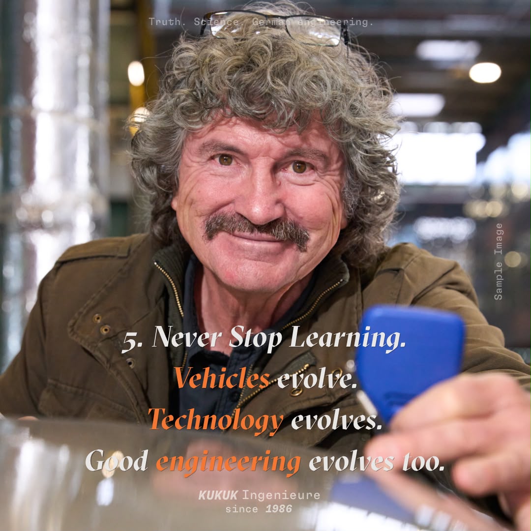 Klaus Kukuk with measuring device and the principle Never Stop Learning