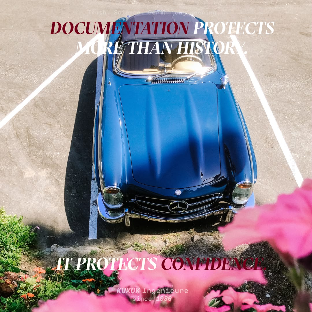 KUKUK Blogmotiv: Dokumentation schützt bei einem blauen Mercedes-Benz 300 SL mehr als Historie, sie schützt Vertrauen.