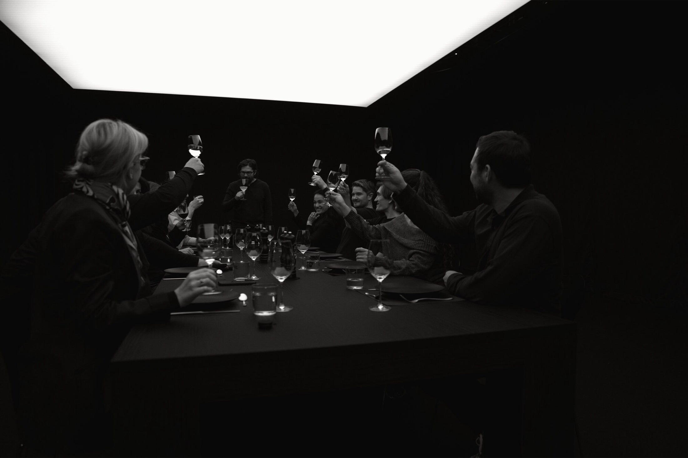 Ten dinner guests raising their glasses around one table.