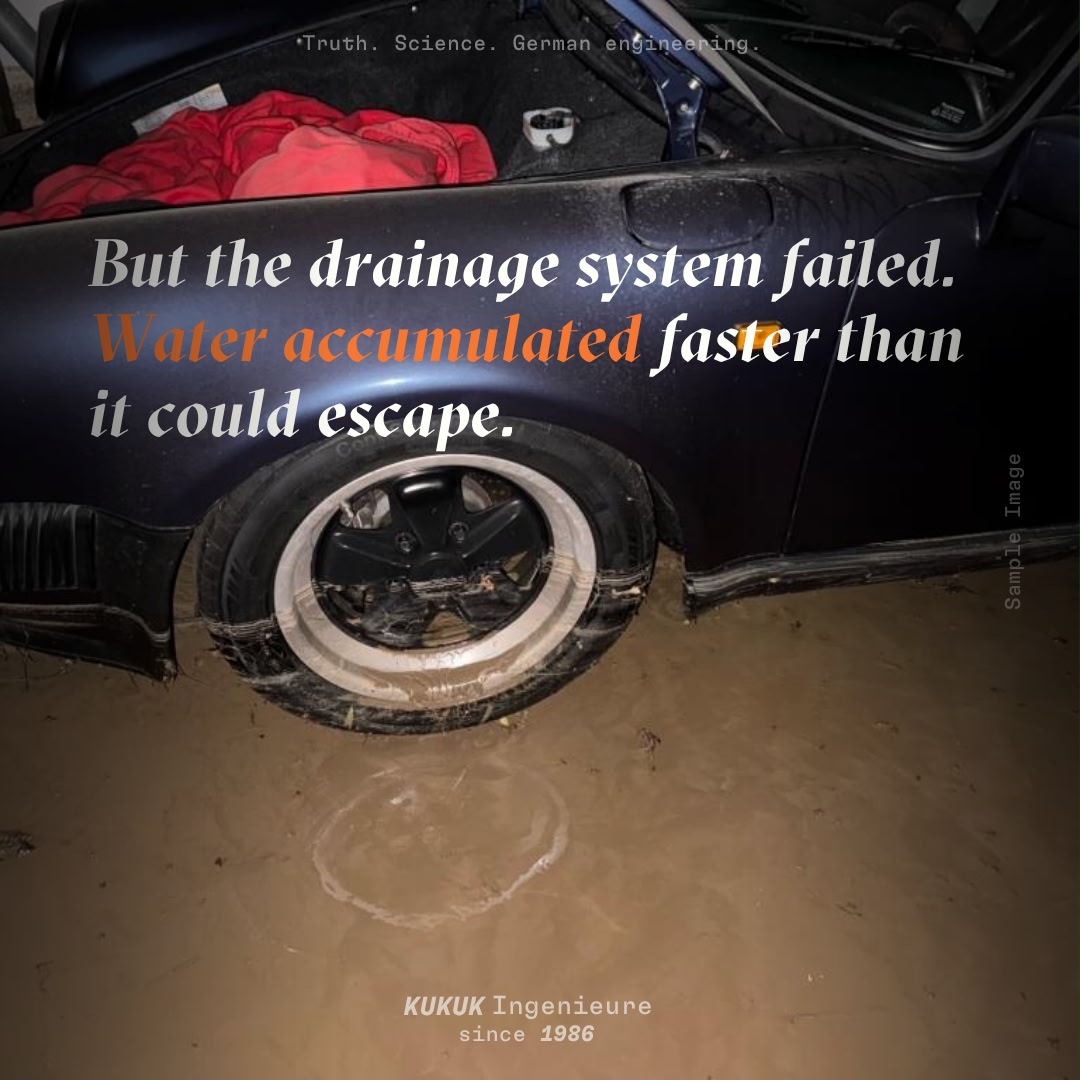 Porsche in einer Garage nach Starkregen mit Wasser und Schlamm am Fahrzeug