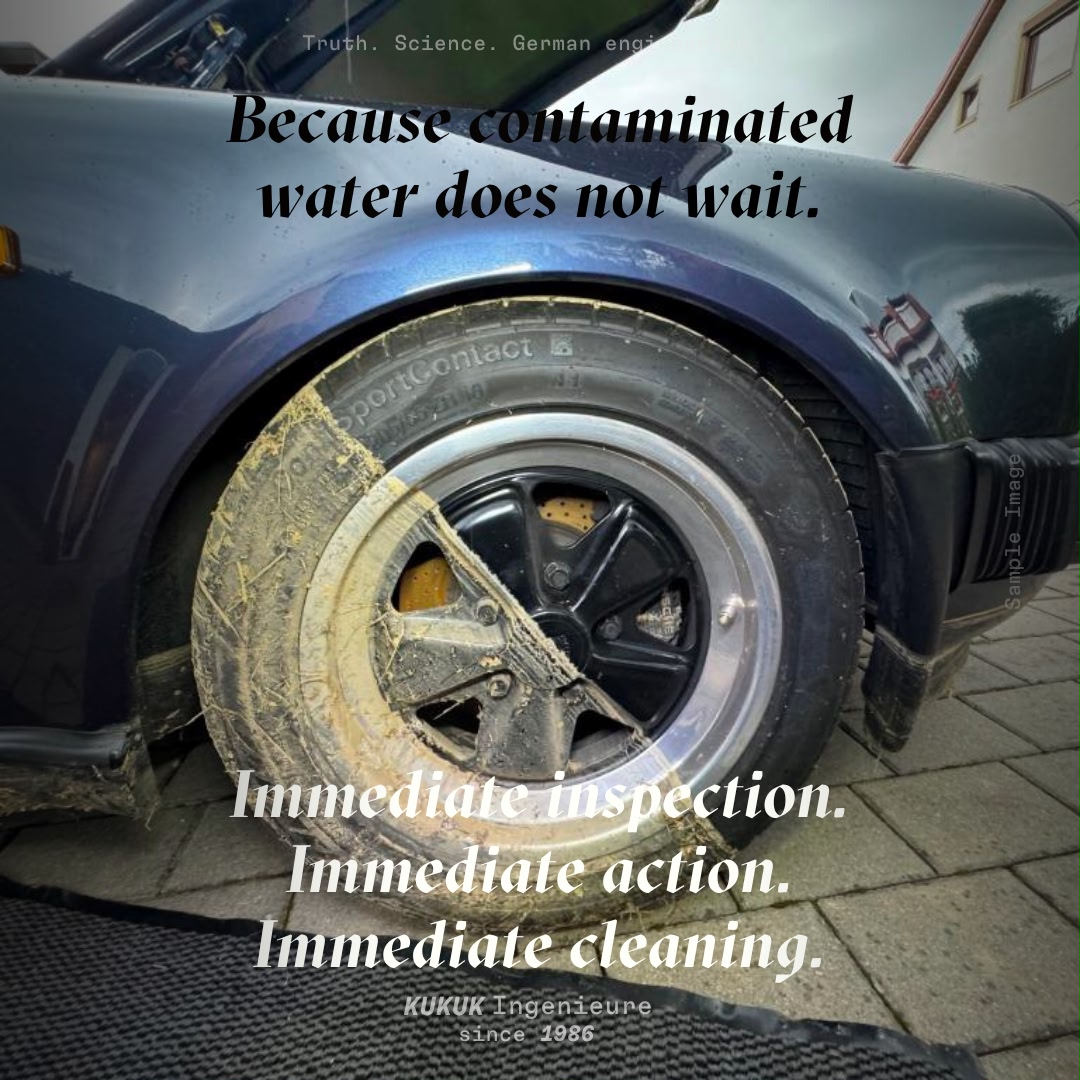 Porsche Rad und Reifen mit Schlamm und kontaminiertem Wasser nach Starkregen